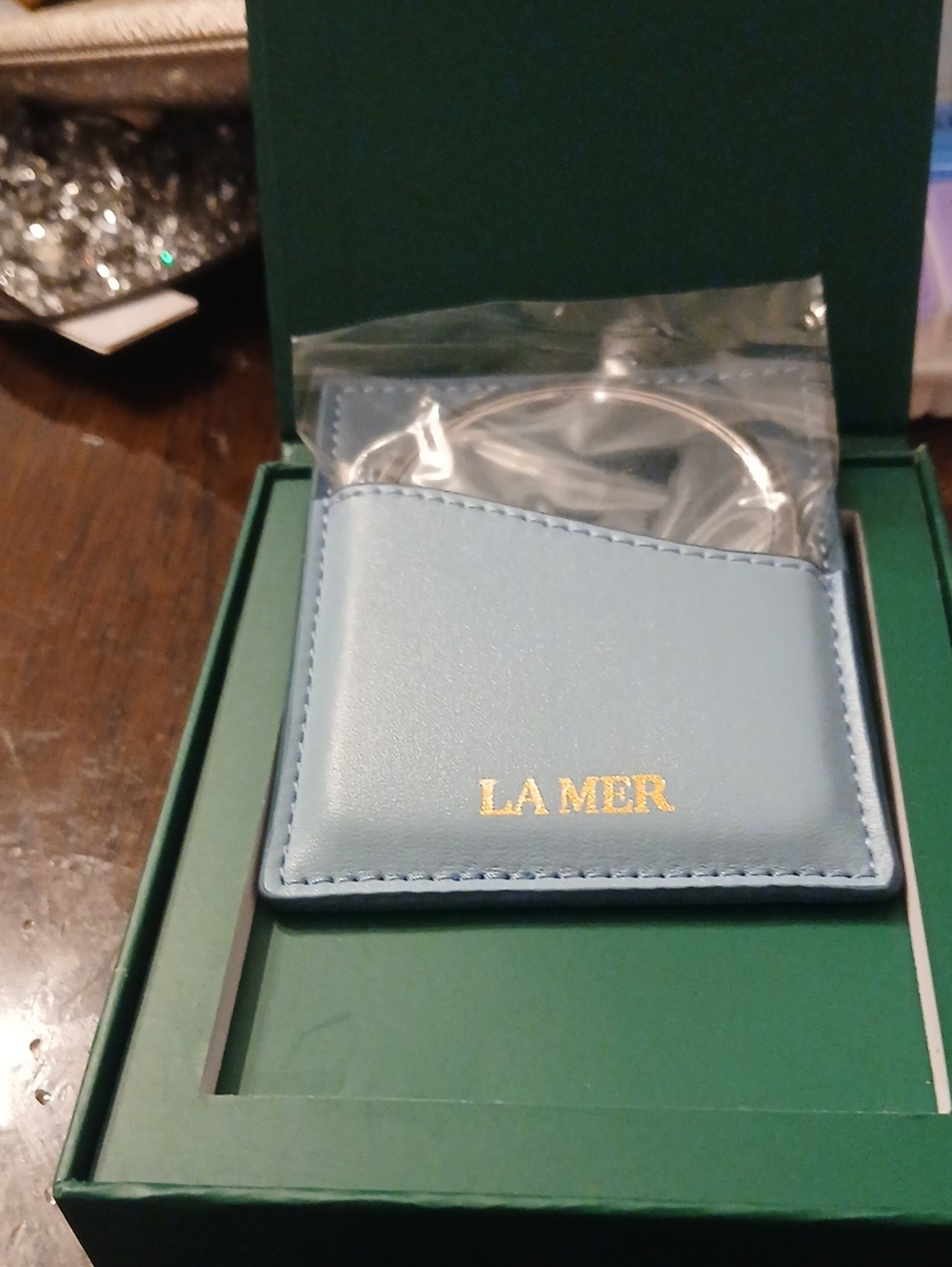La Mer Green Leather Mirror & Holder with Gold Logo